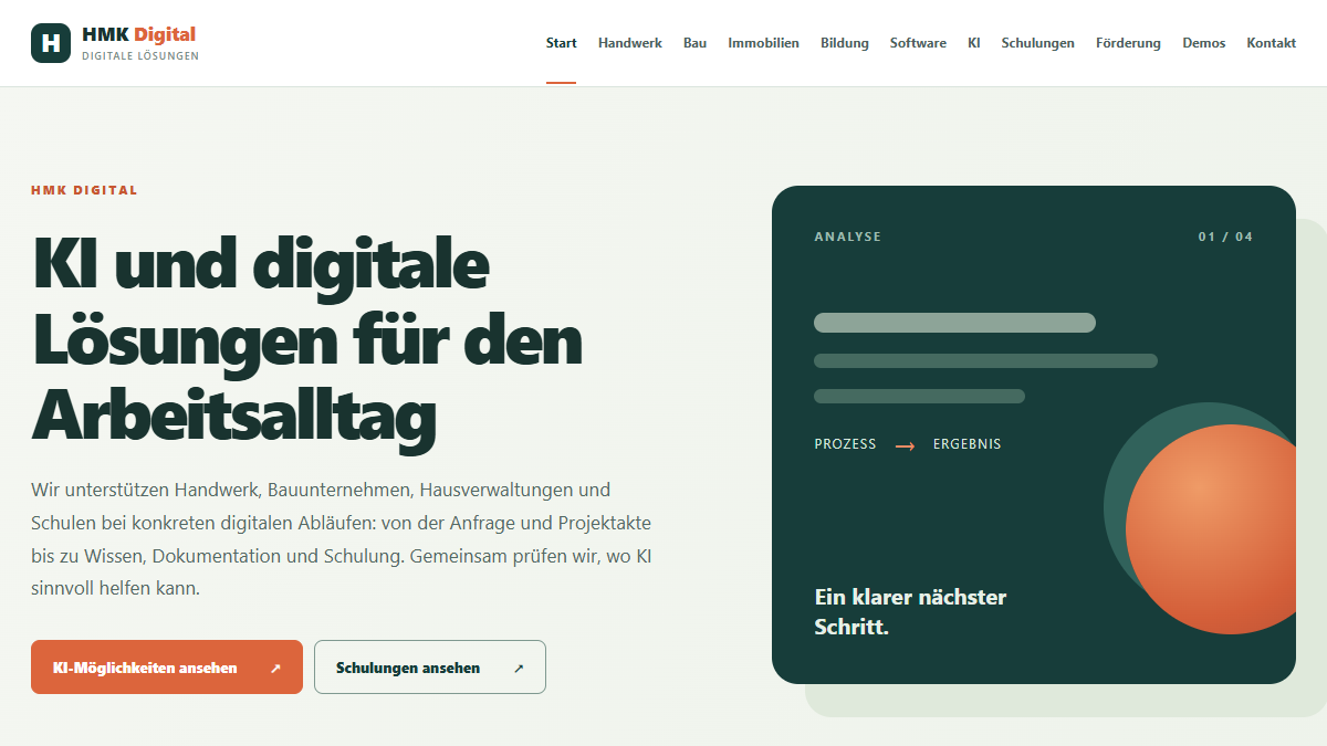 Startseite von HMK Digital mit Navigation und Einstiegsbereich