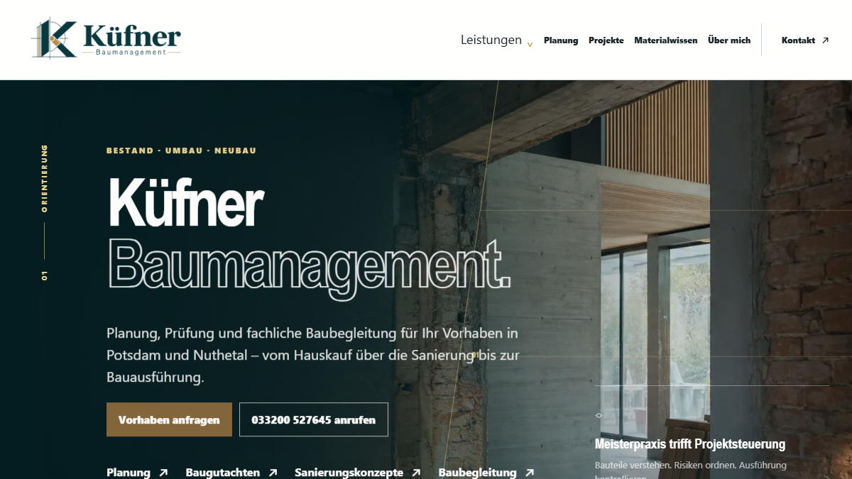 Startseite von Küfner Baumanagement mit Navigation und Einstiegsbereich