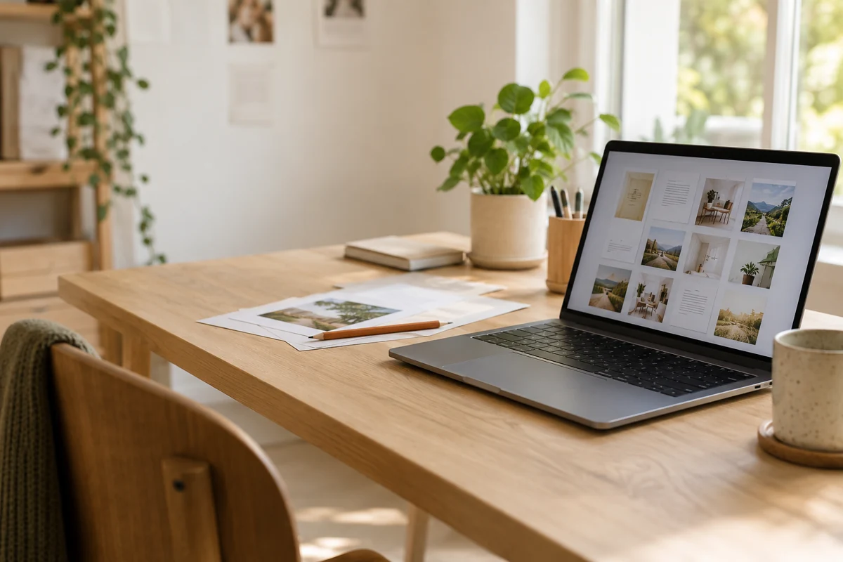 Laptop und Arbeitsunterlagen auf einem Schreibtisch