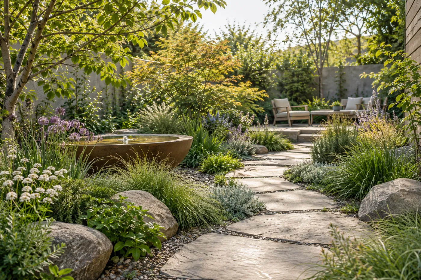 Illustrierter Garten mit Weg und abgestimmter Bepflanzung